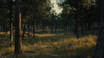 Fototapeta premium Sunlit pine forest landscape tall trees grassy meadow tranquil nature scene