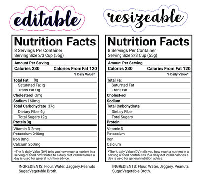 Nutrition facts template svg, clipart – Nutritional calories and ingredients table – Blank label files 
