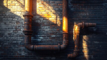 Rusty metal pipes on weathered brick wall sunlight industrial texture background