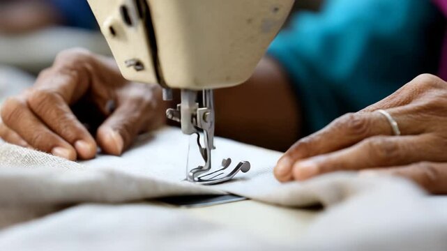 This close-up image showcases skilled hands guiding fabric through a sewing machine, emphasizing craftsmanship and the art of sewing in creating beautiful garments and textiles.