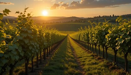 Naklejka premium Vineyard rows stretch toward the sunset, creating a serene and picturesque landscape scene.