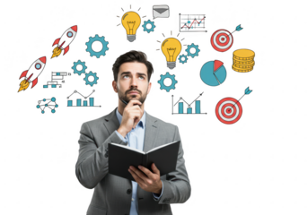 Pensive businessman with business icons isolated on transparent background