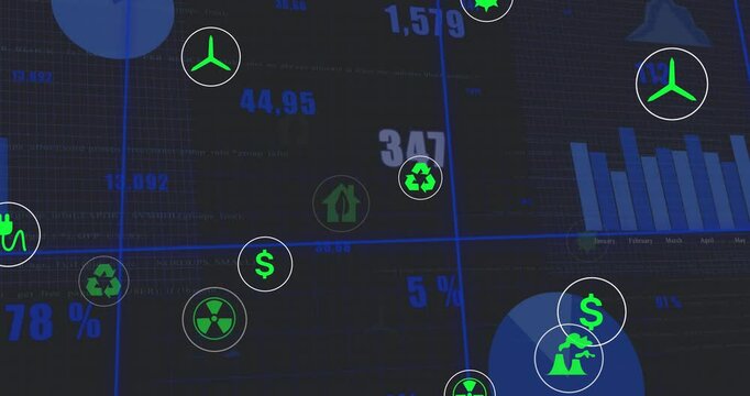 Dark grid dashboard presenting floating green energy icons inside white circles over quadrants
