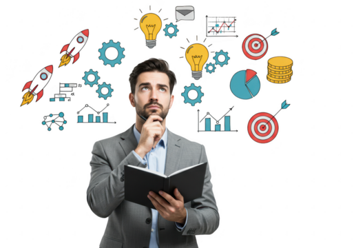 Pensive businessman with business icons isolated on transparent background