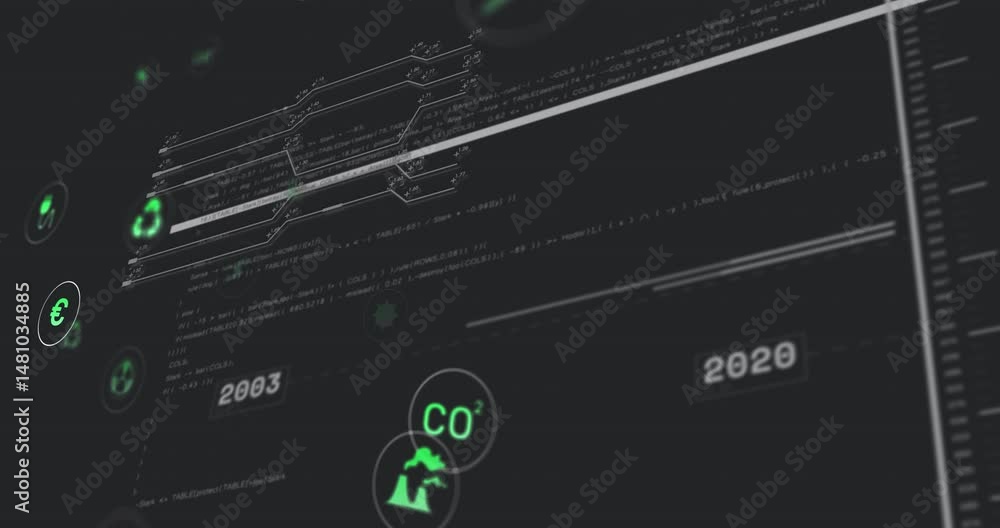 Aufkleber circuit-like data lines connecting neon green finance and energy icons animating on dark dashboard