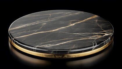 Obraz premium Polished round black marble serving tray with gold trim.