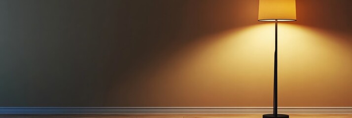 A lamp is turned on and is sitting on a floor