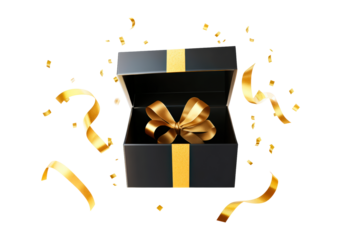 Open black gift box featuring a shiny golden ribbon, surrounded by flowing confetti isolated on transparent background