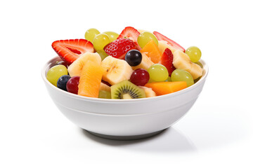 A bowl of assorted, vibrant fruits sits against a white background