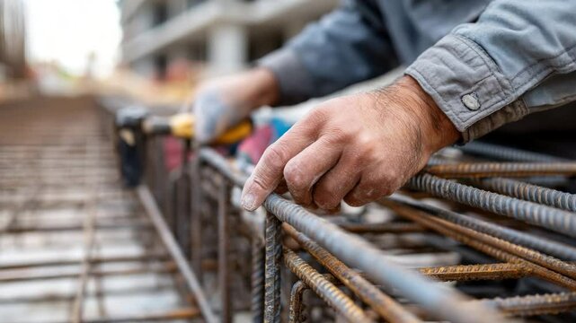 A skilled craftsman is seen manipulating steel reinforcement bars, emphasizing the intricate work involved in construction and the importance of strong foundations.