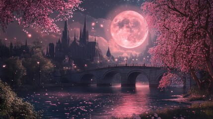 Fototapeta premium Gothic castle pink moon blossoms river bridge fantasy night scene