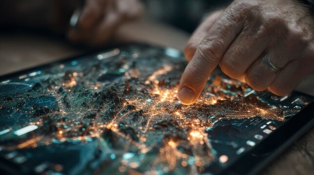 Finger Touching a Digital City Map on a Tablet Display