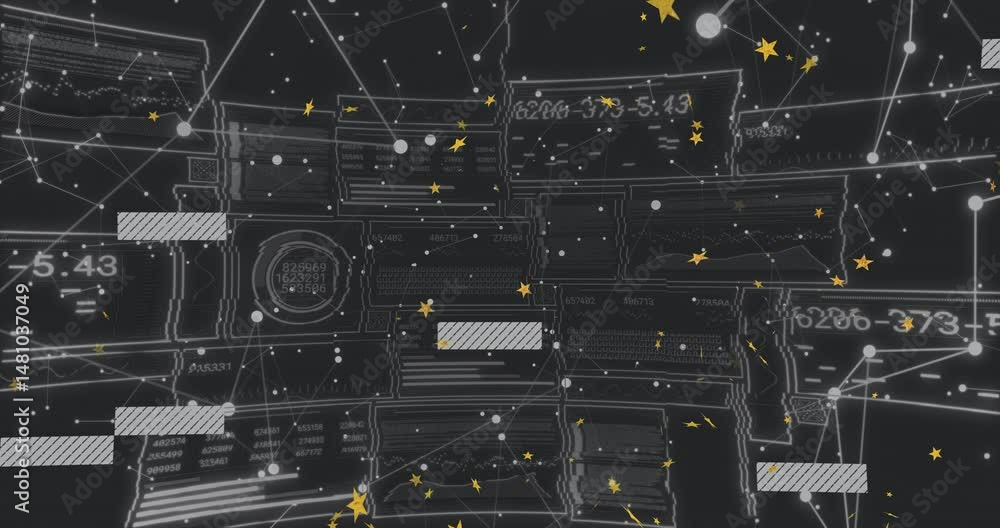 Poster displaying cluster of flat design panels floating in dark schematic showing nodes and golden stars