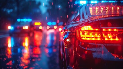 Police cars with flashing lights in the rain