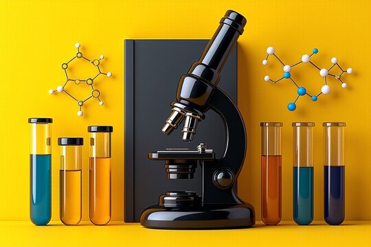Black microscope and five test tubes on yellow background. Suitable for scientific concepts or laboratory themed designs in educational or research materials.