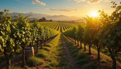Fototapeta premium Picturesque vineyard rows stretch toward distant mountains beneath a radiant sunset sky.