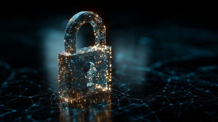 Abstract Digital Padlock Security Network Technology Concept Futuristic Glowing Particles Elegant Modern Design Dark Background Blue Gold Sparkle     