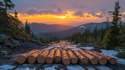 Sunset over mountain logging