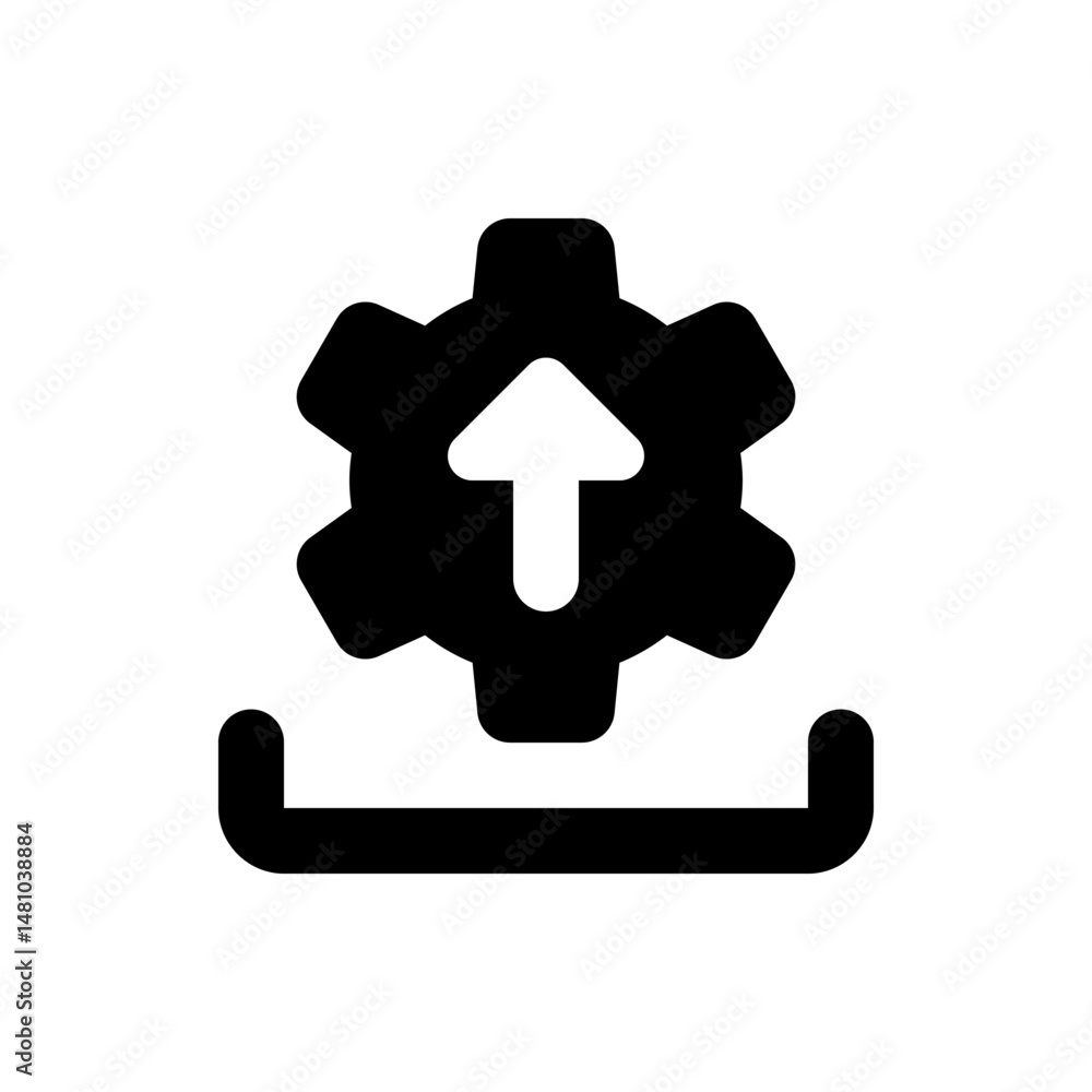 Poster black gear with upward pointing arrow inside a tray for uploading or configuration process shown her