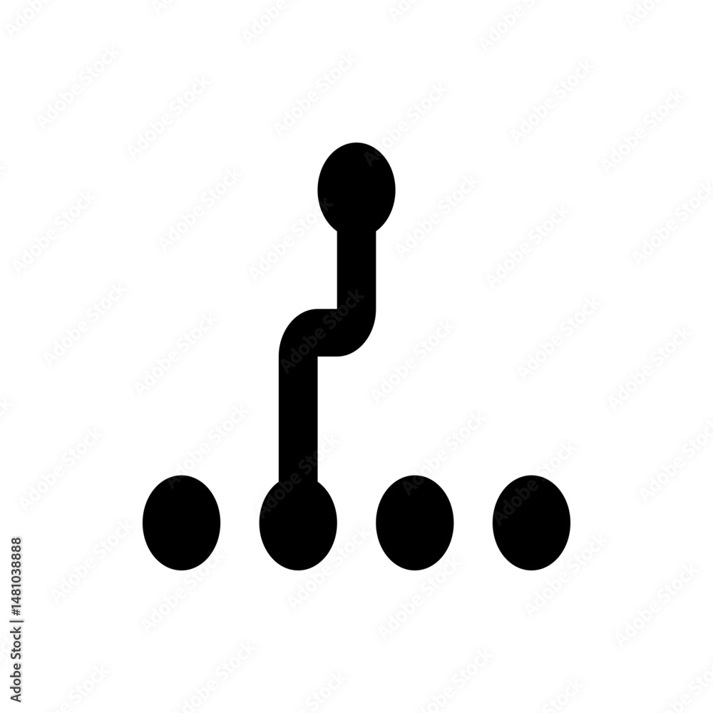 Poster black and white circuit diagram with four circles and a winding line connecting one to the other thr