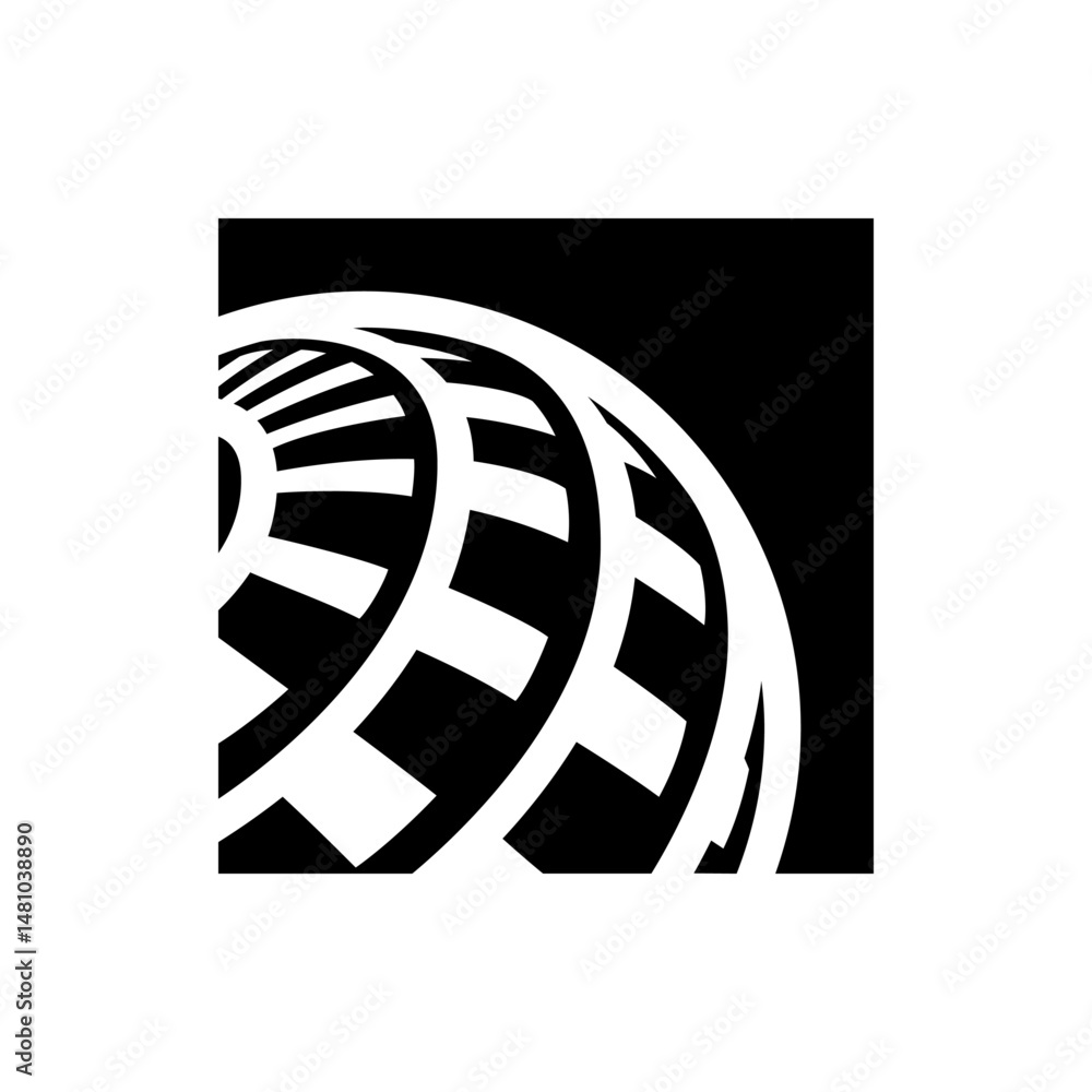Poster abstract white geometric structure on black background with radial and curved elements creating dept