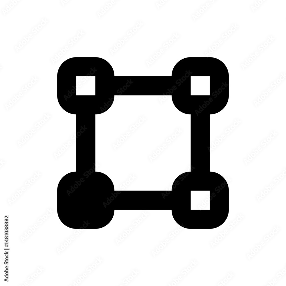 Poster black square connected by rounded corners and containing smaller white squares at each of the corner