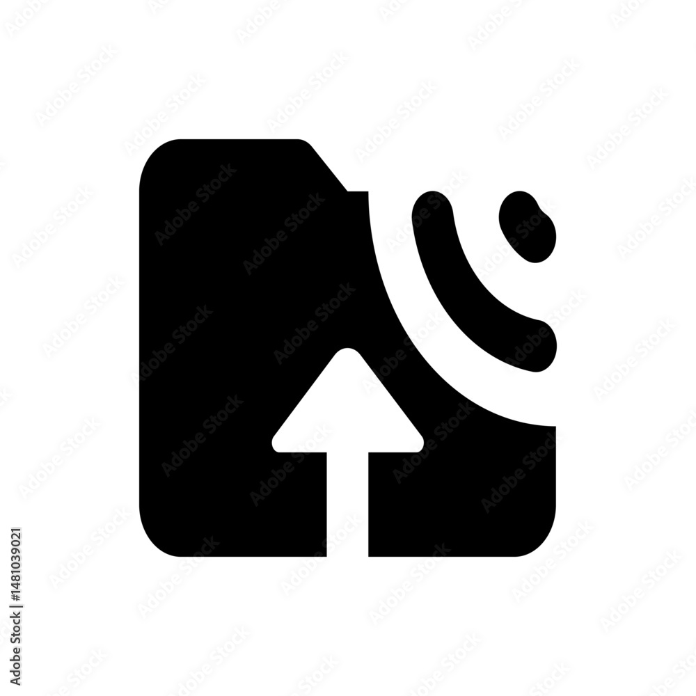 Poster black square with rounded corners and white arrow pointing up with white wifi signal in the corner a