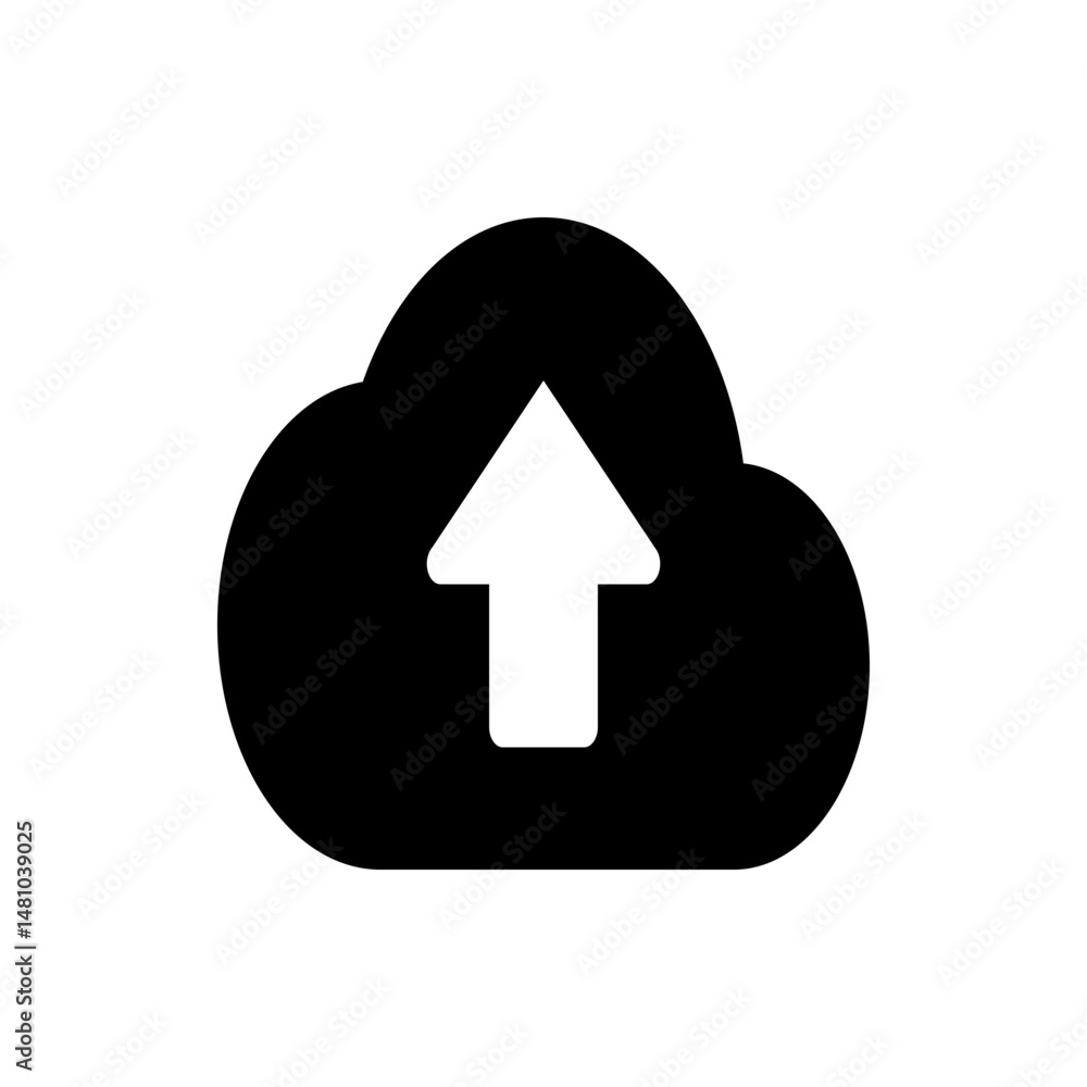 Poster black cloud with a white arrow pointing upwards representing data upload and cloud storage services 