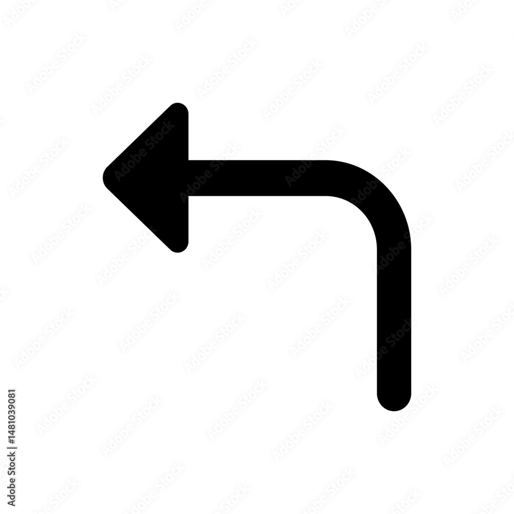 Poster a simple black arrow turning left and then down with rounded end indicating direction and navigation