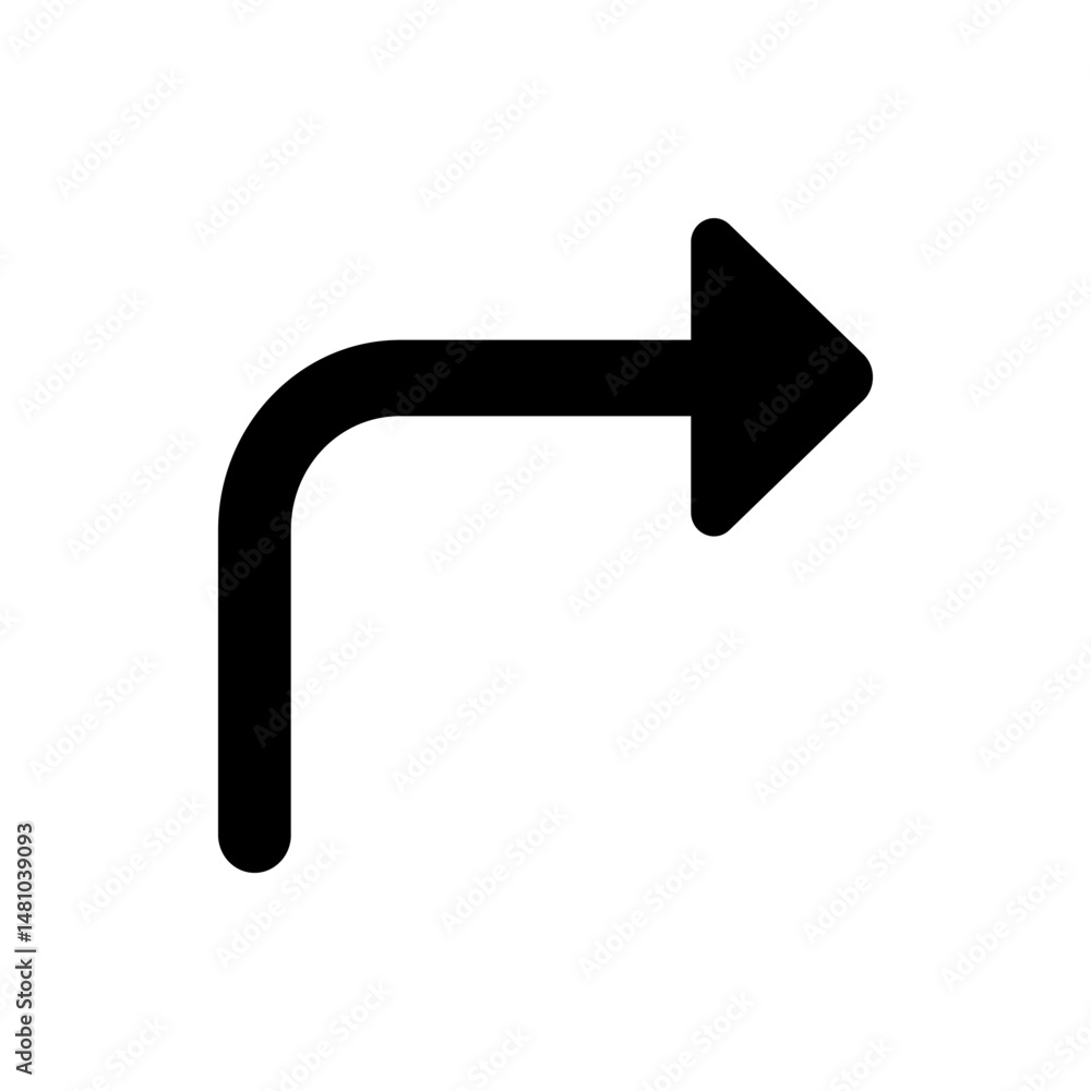 Aufkleber a black arrow turning right with a rounded corner on a white background in a simple vector graphic