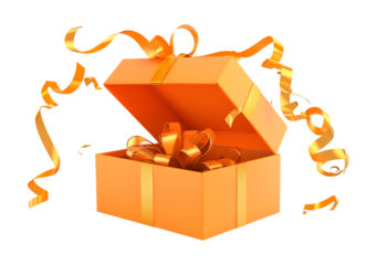 Open orange gift box with golden ribbon and confetti isolated on transparent background
