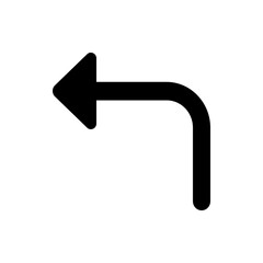 A simple black arrow turning left and then down with rounded end indicating direction and navigation use
