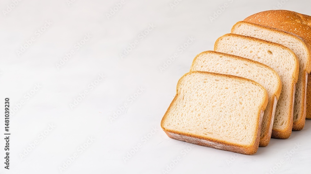 Poster freshly sliced bread on white background with golden crust and soft texture