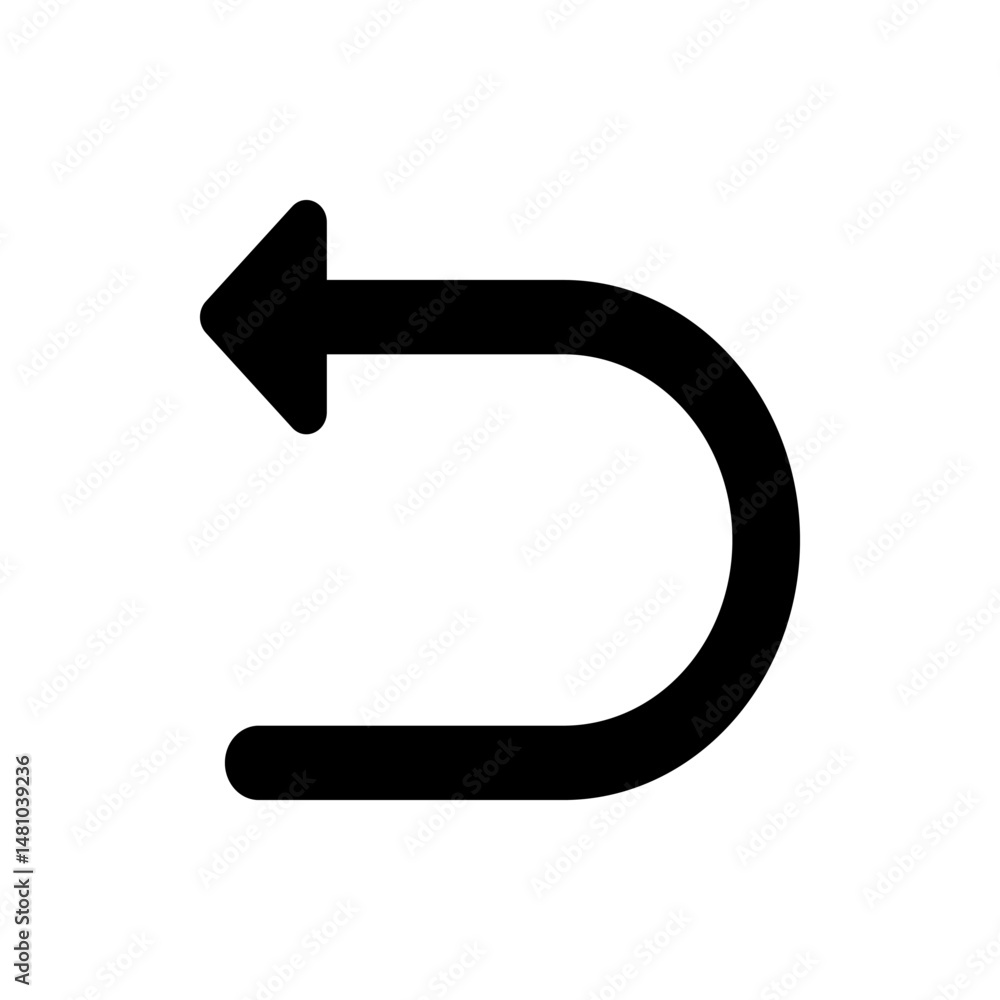 Poster black curved arrow pointing left in a u shape indicating a return or undo action on a white backgrou