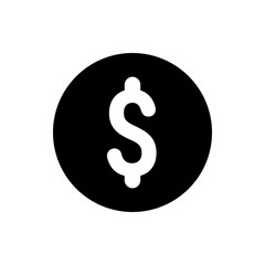 Illustration of a white dollar sign symbol centered within a solid black circle on a white background plain