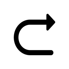 A simple black arrow curving to the left and then pointing to the right on a white background view