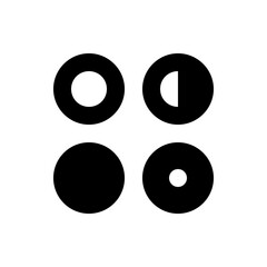 Four black circles displaying different states of fullness and emptiness on a white background surface area