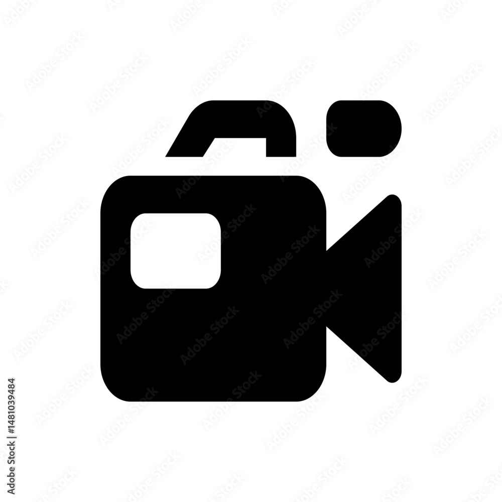 Poster illustration of a black video camera with a handle and lens on a white background in a simple style