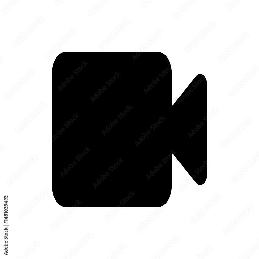 Poster illustration of a black video camera icon with rounded edges on a white background in simple style