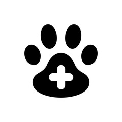 Fototapeta premium Black paw print with a white medical cross symbol indicating veterinary or pet healthcare service logo design