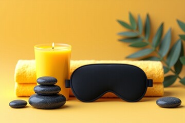 Obraz premium Sleep mask, towel, and candles to set the perfect relaxing atmosphere for a spa, meditation, or selfcare concept. Ideal for wellness content.