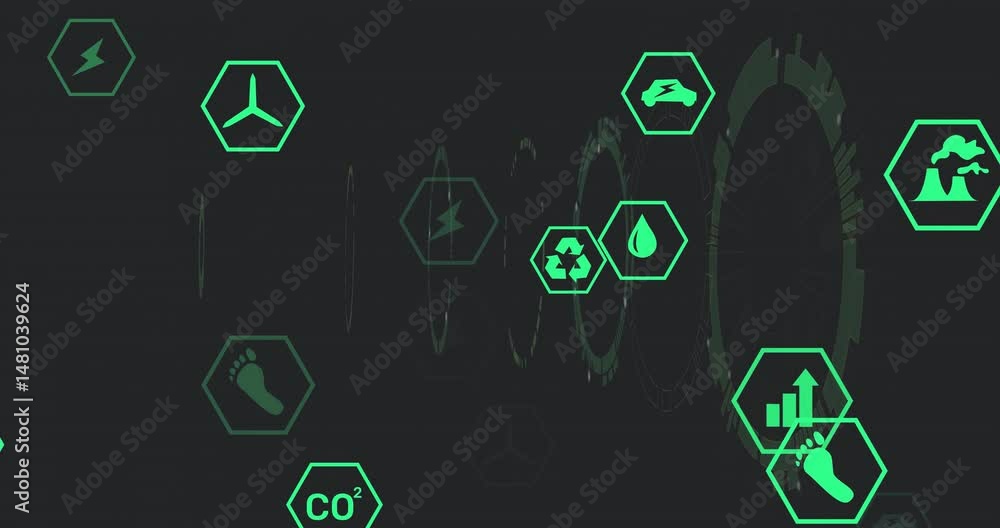Poster bright green hexagonal sustainability icons being animated floating in dark 3d render with rings