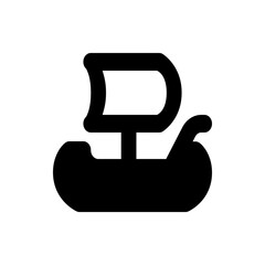 A stylized black silhouette of a sailing ship with a large rectangular sail and rounded hull design view