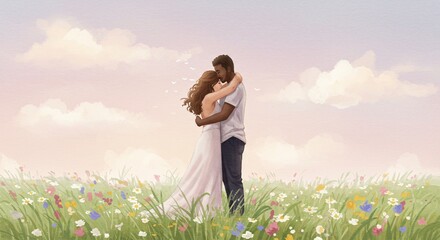 Interracial Couple Embracing in a Vibrant Wildflower Meadow Under a Pastel Sky