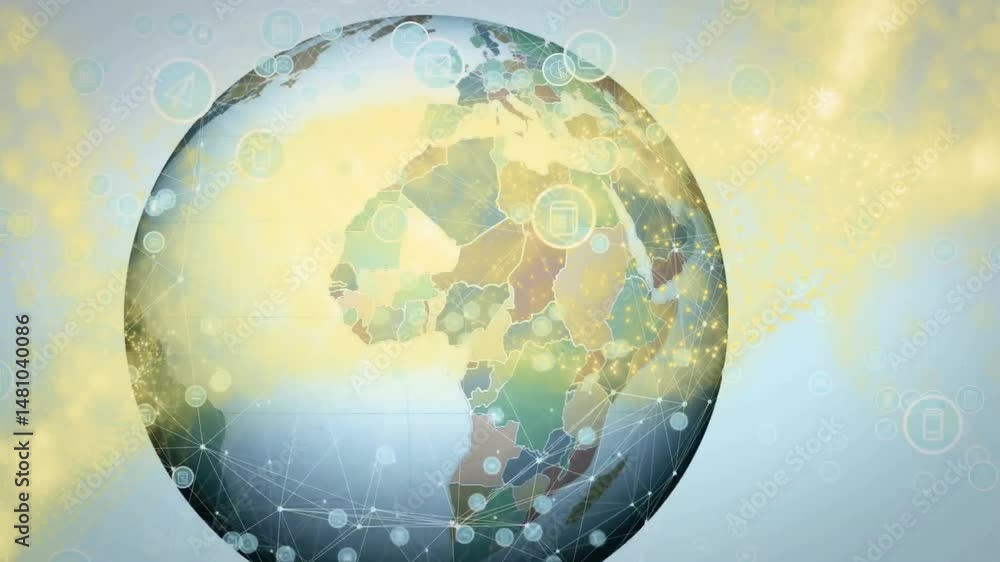 Poster globe being visualized in digital 3d render, with network nodes, floating icons and data streams