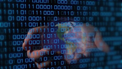 Hand holding payment card floating against dark digital network, showing bright blue binary digits - Powered by Adobe