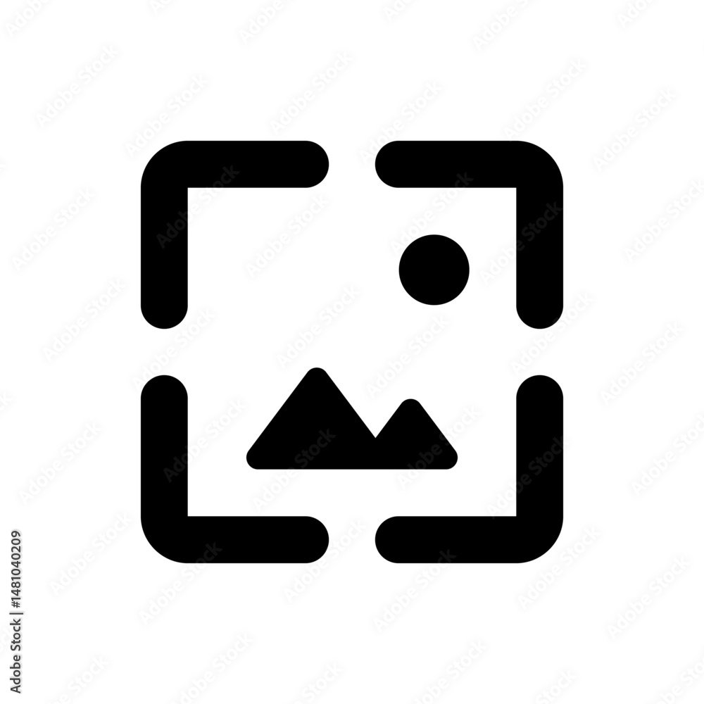 Poster black and white image icon with rounded corners showing mountains and a sun inside a square frame sh