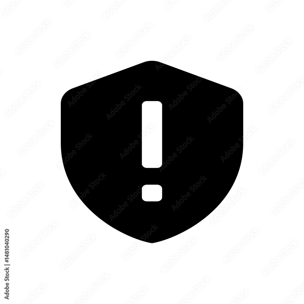 Poster black shield with a white exclamation point indicating a warning or security alert is displayed here