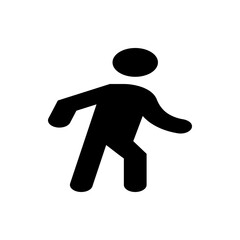 Black silhouette of a walking person with round head and angled arms and legs in a simple design style