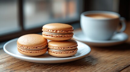 Three golden macarons, a cup of coffee